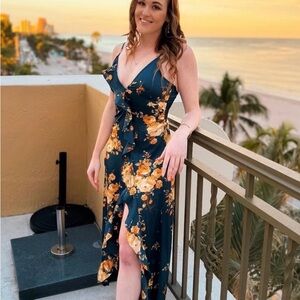 Vici High Low Dress in Navy and Gold Floral